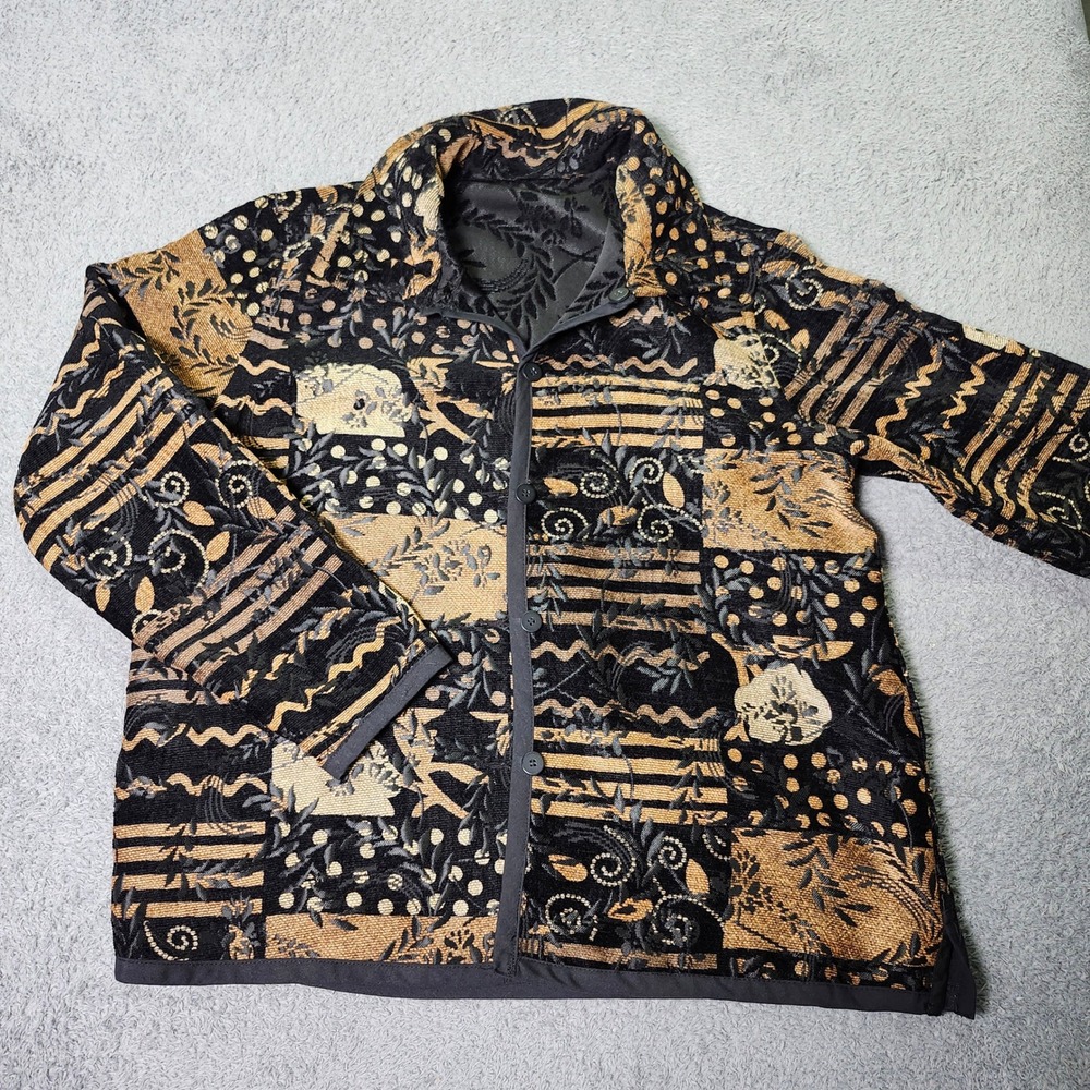 Womens L Tapestry Jacket Black Gold Patchwork Floral Button Up Vtg Style
